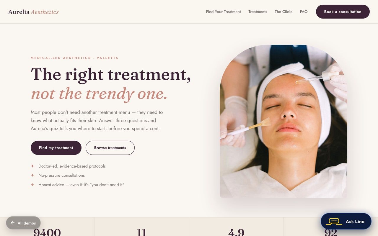 Beauty clinic demo website with treatment quiz
