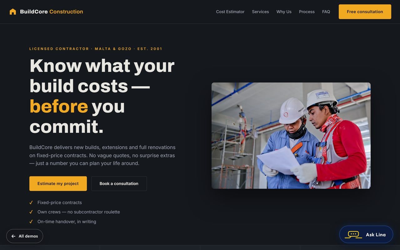 Construction company demo website with cost estimator