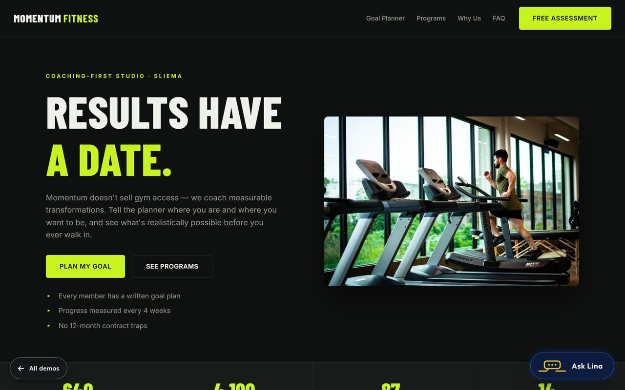 Fitness studio demo website with goal planner