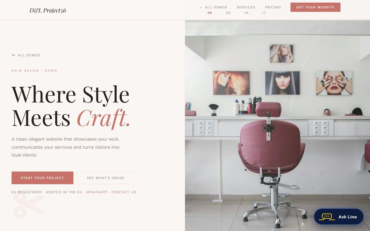 Hair salon demo website, homepage