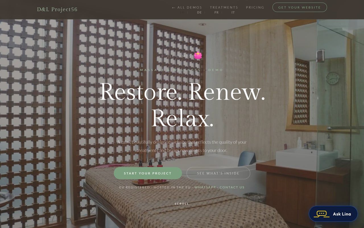 Massage therapy demo website, homepage