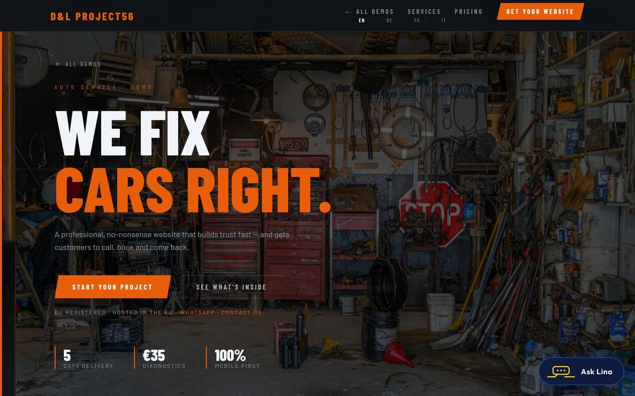 Garage demo website, homepage