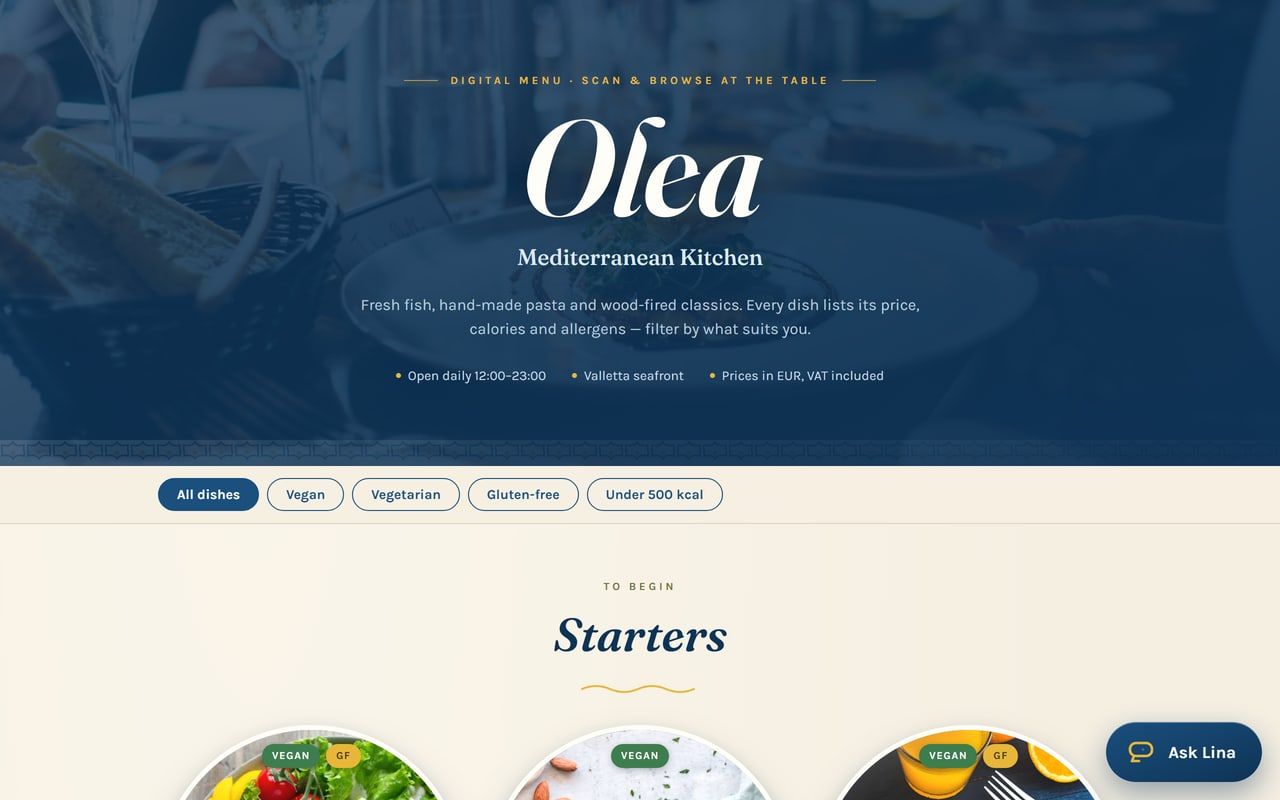 Restaurant QR menu demo on a phone-sized layout
