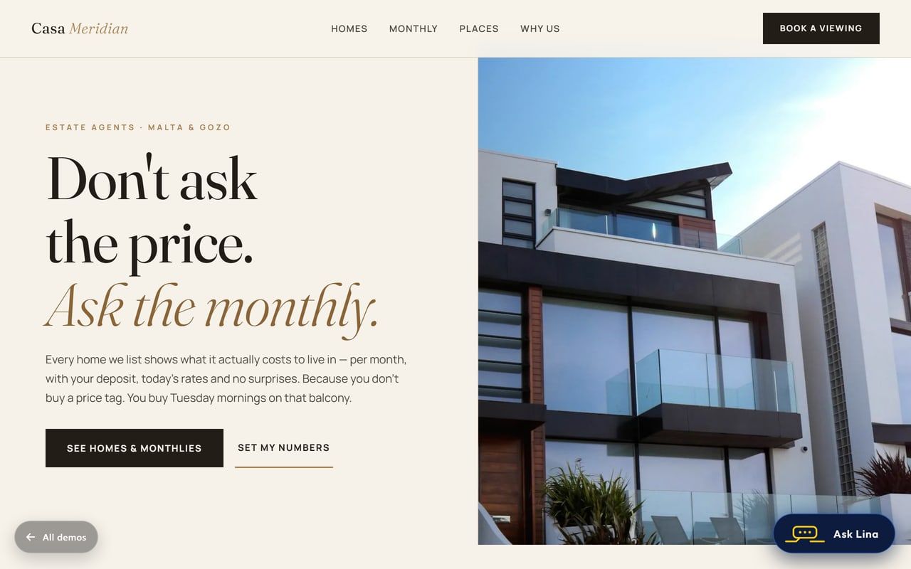 Estate agency demo website with monthly cost calculator