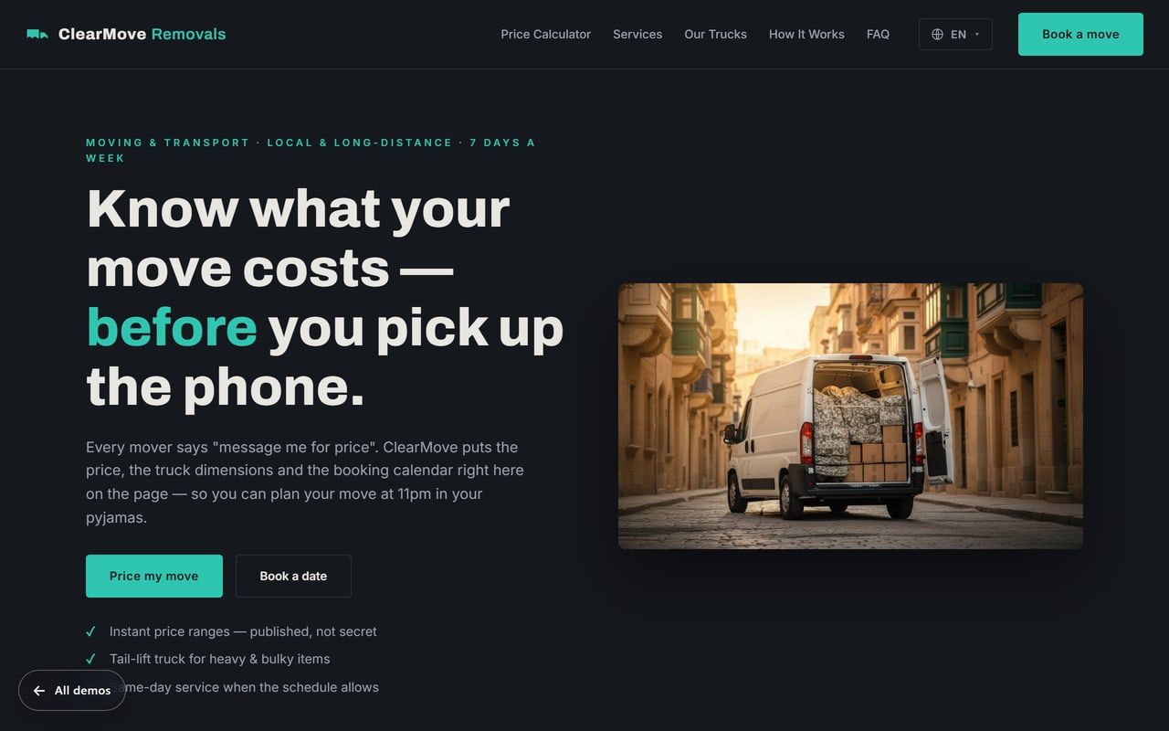 Removals website demo with a volume and crew estimator