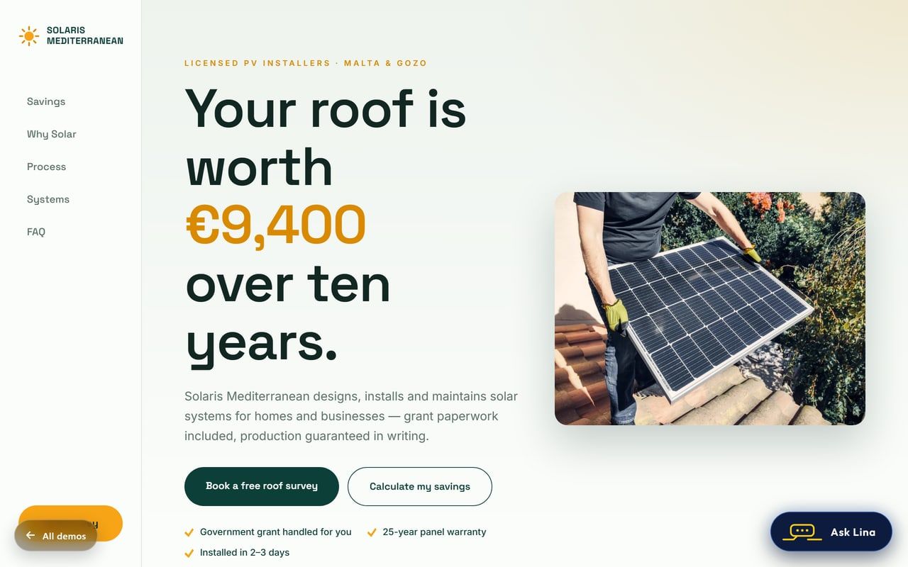 Solar installation demo website with savings estimator
