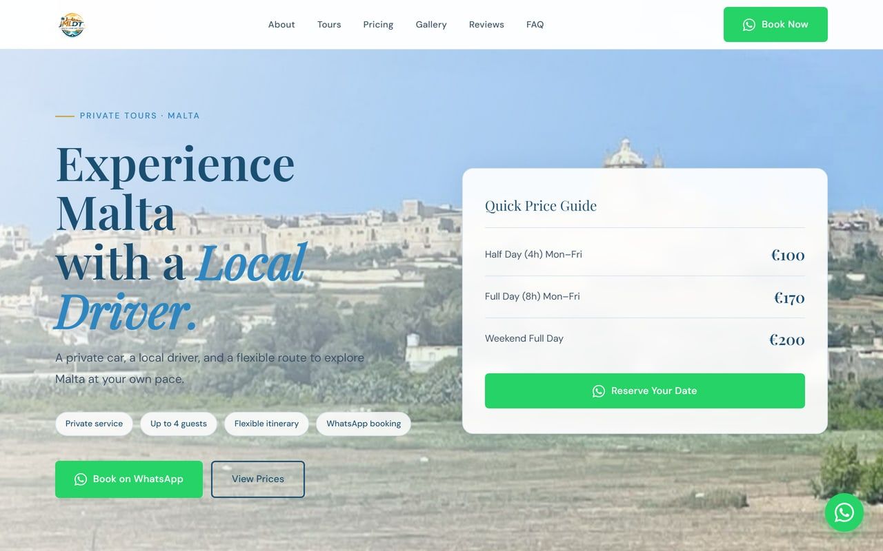 Malta Land Day Trips website, homepage