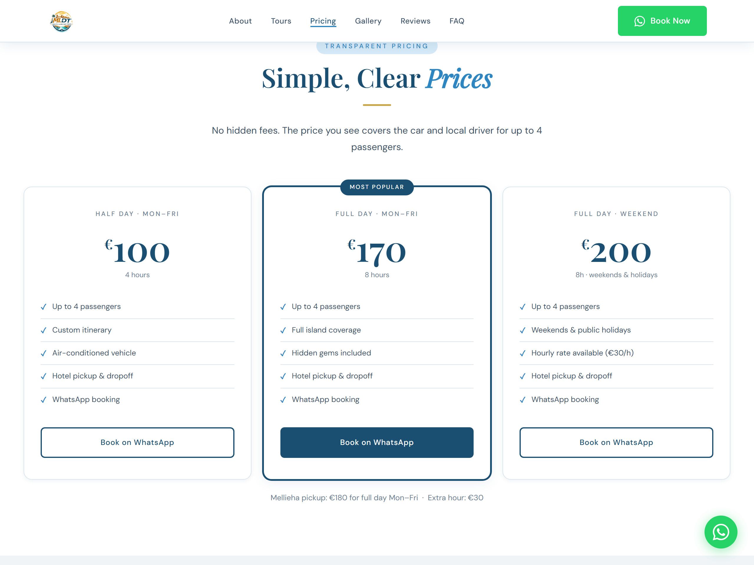 A client price list on a live site, edited by the owner through DL Panel