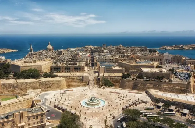 Aerial view of Valletta with the sea beyond