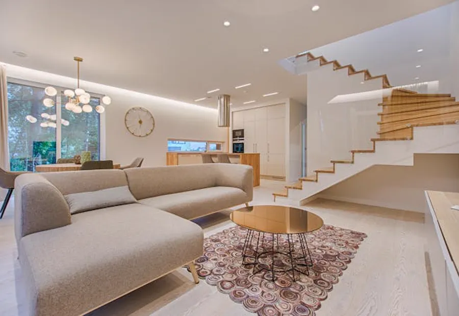 Bright open-plan living room with floor-to-ceiling windows